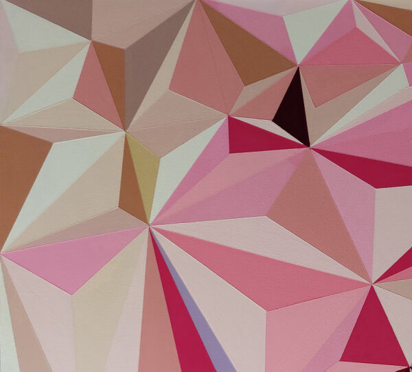 The Colourful Rhythm Rose Pink & Ochre Low-Poly Facets Macro Detail – Abstract Painting by Yelena Revis Detail of facets in rose pink, magenta, ochre and blush in The Colourful Rhythm by Yelena Revis