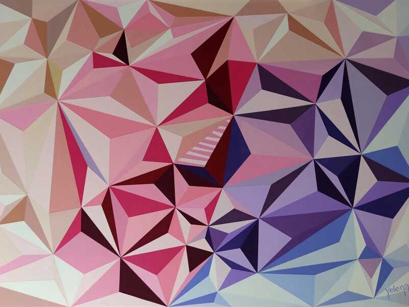 The Colourful Rhythm Original Low-Poly Geometric Abstract Canvas Painting by Yelena Revis The Colourful Rhythm abstract painting by Yelena Revis with low-poly facets in pink, magenta, crimson, violet and blue