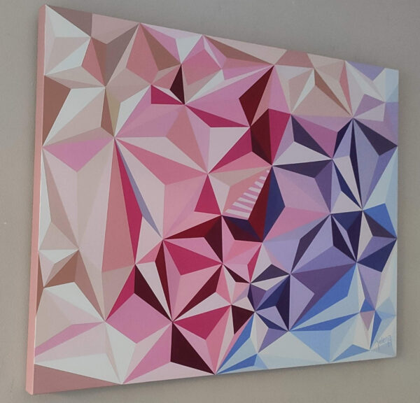 The Colourful Rhythm Side Angle Profile View – Stretched Canvas Painting by Yelena Revis Side view of The Colourful Rhythm by Yelena Revis showing pink painted gallery edges