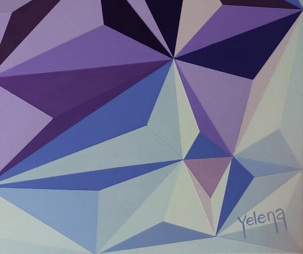 The Colourful Rhythm Artist Signature Detail – Original Abstract Painting by Yelena Revis Yelena Revis slate grey signature on a pale blue facet in The Colourful Rhythm