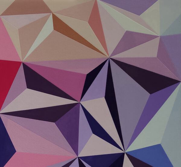 The Colourful Rhythm Violet & Indigo Low-Poly Facets Macro Detail – Abstract Painting by Yelena Revis Detail of low-poly facets in violet, mauve, indigo and pale slate blue in The Colourful Rhythm by Yelena Revis