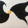 The Solitary Sun abstract painting by Yelena Revis with black organic biomorphic forms and a glowing golden yellow orb.