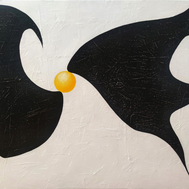 The Solitary Sun — Abstract Painting by Yelena Revis The Solitary Sun abstract painting by Yelena Revis with black organic biomorphic forms and a glowing golden yellow orb.