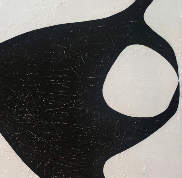 Detail of a scratched black silhouette with a circular cutout on textured white in The Solitary Sun by Yelena Revis