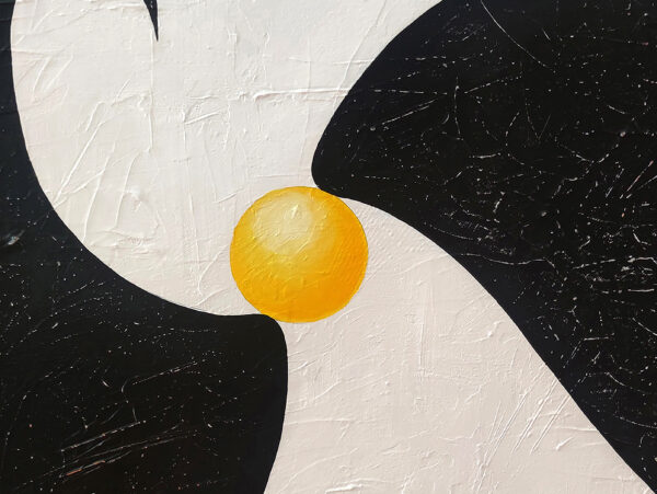 Detail of a golden yellow orb between textured black forms on impasto white in The Solitary Sun by Yelena Revis