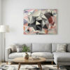 In-Situ Living Room Display — "Thunderstorm" Geometric Abstract Painting by Yelena Revis Thunderstorm geometric abstract painting by Yelena Revis above a grey sectional sofa in a living room