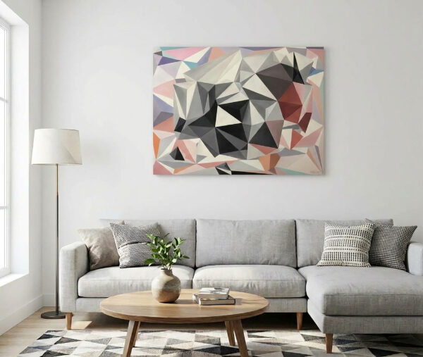 In-Situ Living Room Display — "Thunderstorm" Geometric Abstract Painting by Yelena Revis Thunderstorm geometric abstract painting by Yelena Revis above a grey sectional sofa in a living room