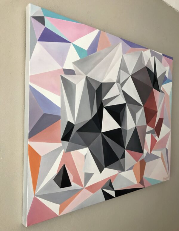 Angled Side Profile View — "Thunderstorm" Geometric Abstract Painting by Yelena Revis Side view of Thunderstorm by Yelena Revis showing crisp white gallery-wrapped edges