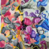 Traveling through the unknown abstract painting by Yelena Revis with fluid pink, blue, and grey biomorphic forms.