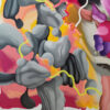 Detail of grey forms on warm pink and yellow with a lime line in Travelling Through the Unknown by Yelena Revis