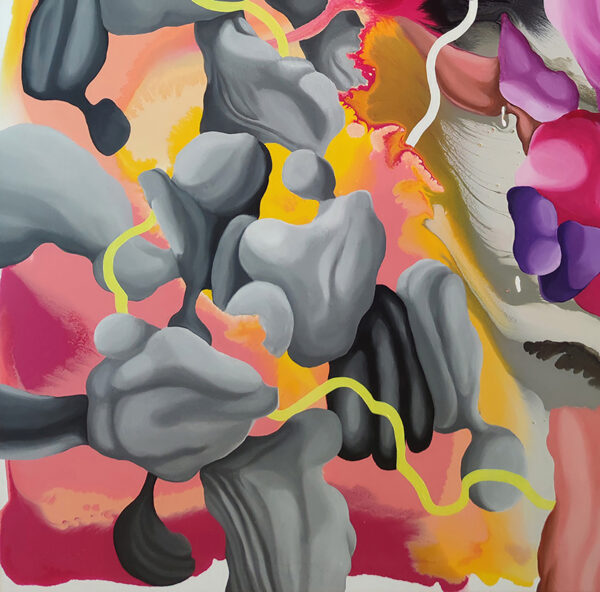 Detail of grey forms on warm pink and yellow with a lime line in Travelling Through the Unknown by Yelena Revis