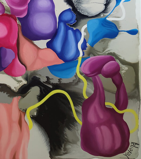 Yelena Revis signature in the bottom right of Travelling Through the Unknown, beside purple forms and a yellow line