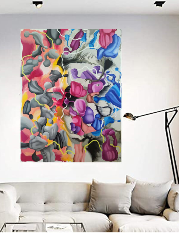 Travelling Through the Unknown abstract painting by Yelena Revis above a light grey sofa in a living room