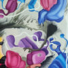 Detail of magenta, purple and blue forms over grey marbling in Travelling Through the Unknown by Yelena Revis