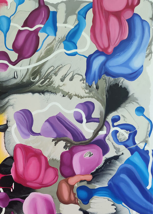Detail of magenta, purple and blue forms over grey marbling in Travelling Through the Unknown by Yelena Revis