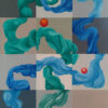 Travelling Sun — Abstract Painting by Yelena Revis Travelling Sun abstract painting by Yelena Revis with teal and blue fluid ribbons, grid panels, and glowing sun spheres.