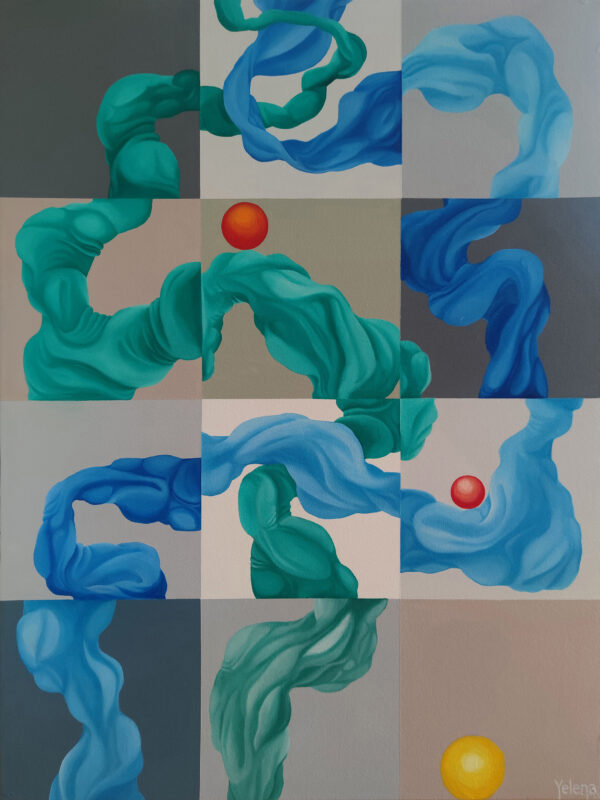 Travelling Sun — Abstract Painting by Yelena Revis Travelling Sun abstract painting by Yelena Revis with teal and blue fluid ribbons, grid panels, and glowing sun spheres.