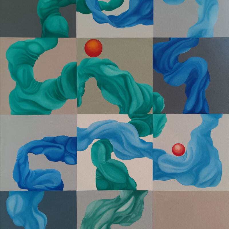 Travelling Sun — Abstract Painting by Yelena Revis Travelling Sun abstract painting by Yelena Revis with teal and blue fluid ribbons, grid panels, and glowing sun spheres.