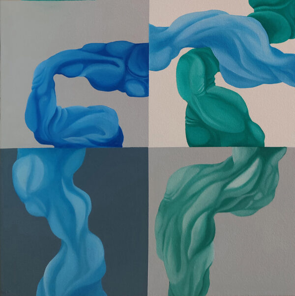 Mid-Left Grid Detail — "Travelling Sun" Abstract Painting by Yelena Revis Detail of cobalt and teal sculpted ribbons across grey and beige grid panels in Travelling Sun by Yelena Revis