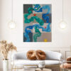 In-Situ Living Room Display — "Travelling Sun" Abstract Painting by Yelena Revis Travelling Sun abstract painting by Yelena Revis above a modern sofa in a living room