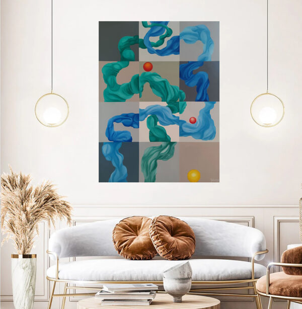 In-Situ Living Room Display — "Travelling Sun" Abstract Painting by Yelena Revis Travelling Sun abstract painting by Yelena Revis above a modern sofa in a living room