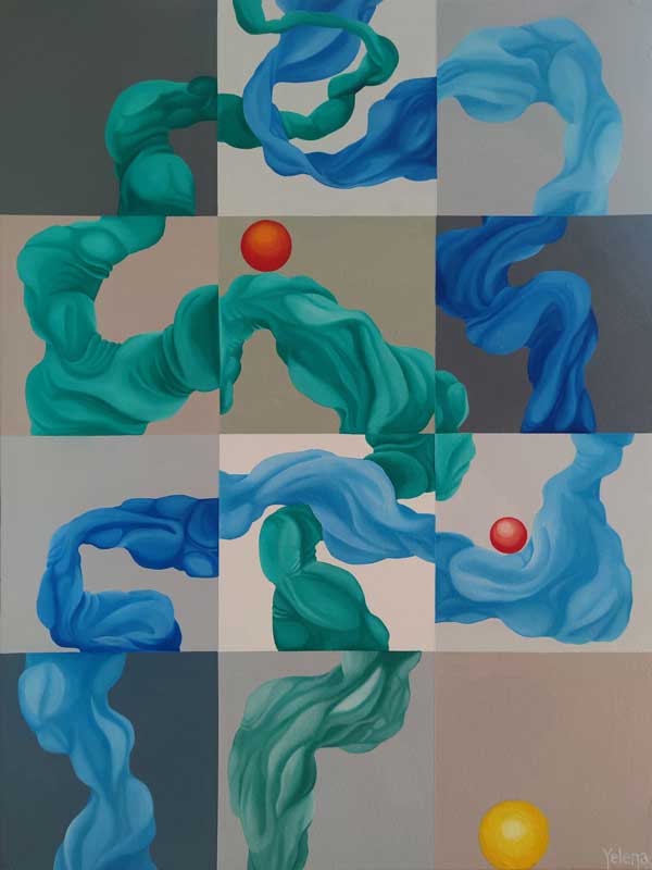 Travelling Sun — Original Geometric Abstract Painting by Yelena Revis Travelling Sun abstract painting by Yelena Revis with blue and teal ribbons through a grid and red and yellow suns