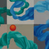 Upper Grid & Red Sun Orb Macro — "Travelling Sun" Abstract Painting by Yelena Revis Detail of an orange-red sun sphere above teal and blue ribbons in Travelling Sun by Yelena Revis