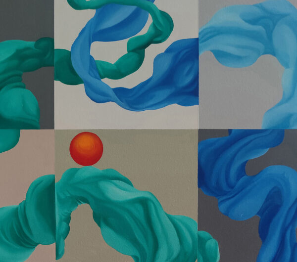 Upper Grid & Red Sun Orb Macro — "Travelling Sun" Abstract Painting by Yelena Revis Detail of an orange-red sun sphere above teal and blue ribbons in Travelling Sun by Yelena Revis