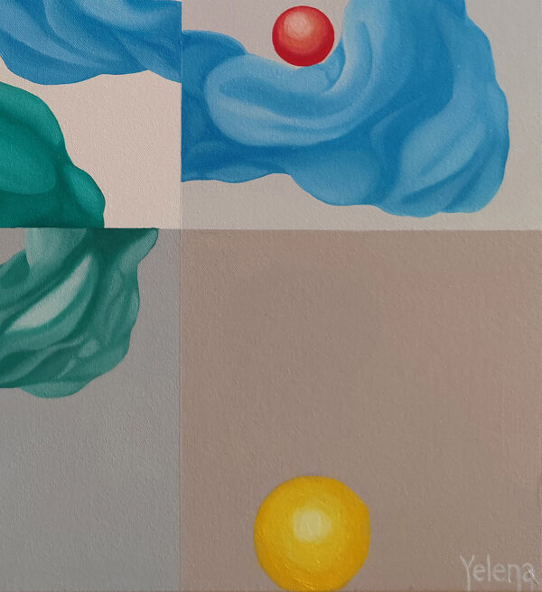 Artist Signature & Lower Sun Orb Macro — "Travelling Sun" Abstract Painting by Yelena Revis Yelena Revis signature in the bottom right of Travelling Sun, beside a glowing yellow sun sphere