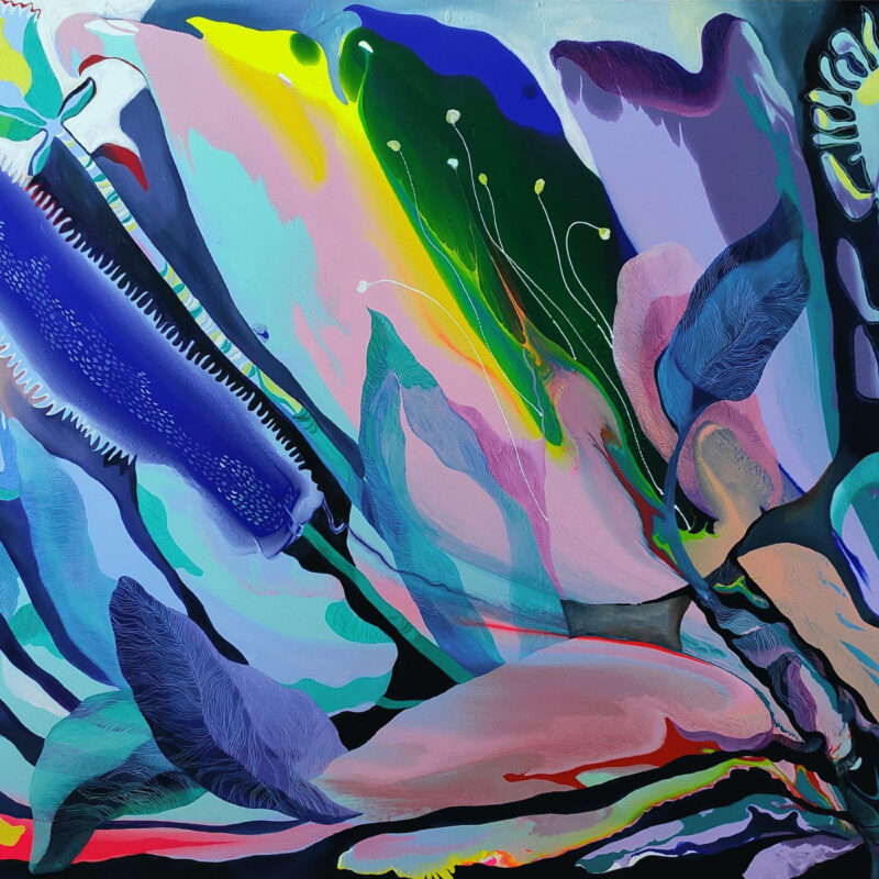 Tropical Mood II original abstract painting by Yelena Revis featuring lush tropical flora and vibrant color contrasts.