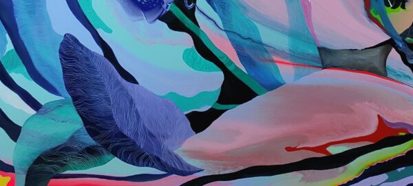 Tropical Mood II painting detail by Yelena Revis showing textured botanical leaf patterns and vibrant color blending.