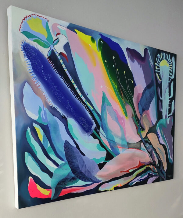 Tropical Mood II abstract painting by Yelena Revis side view showing stretched canvas profile and finished edges.