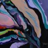 Close-up signature detail of Tropical Mood II abstract painting by Yelena Revis against dark background.