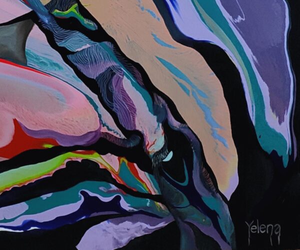 Close-up signature detail of Tropical Mood II abstract painting by Yelena Revis against dark background.