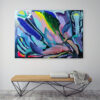 Tropical Mood II painting by Yelena Revis styled above a modern wooden bench in a minimalist interior space.