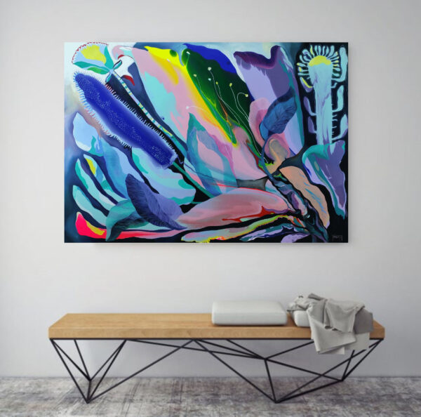 Tropical Mood II painting by Yelena Revis styled above a modern wooden bench in a minimalist interior space.