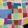 Center Grid Focus Macro — "Weightlessness" Geometric Abstract Painting by Yelena Revis Detail of red, turquoise, yellow and blue grid squares bounded by white lines in Weightlessness by Yelena Revis
