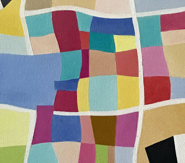Center Grid Focus Macro — "Weightlessness" Geometric Abstract Painting by Yelena Revis Detail of red, turquoise, yellow and blue grid squares bounded by white lines in Weightlessness by Yelena Revis