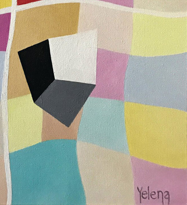 Artist Signature & Lower-Right Geometric Cube Macro — "Weightlessness" Geometric Abstract Painting by Yelena Revis Yelena Revis signature in the bottom right of Weightlessness, beside a floating cube and pastel grid