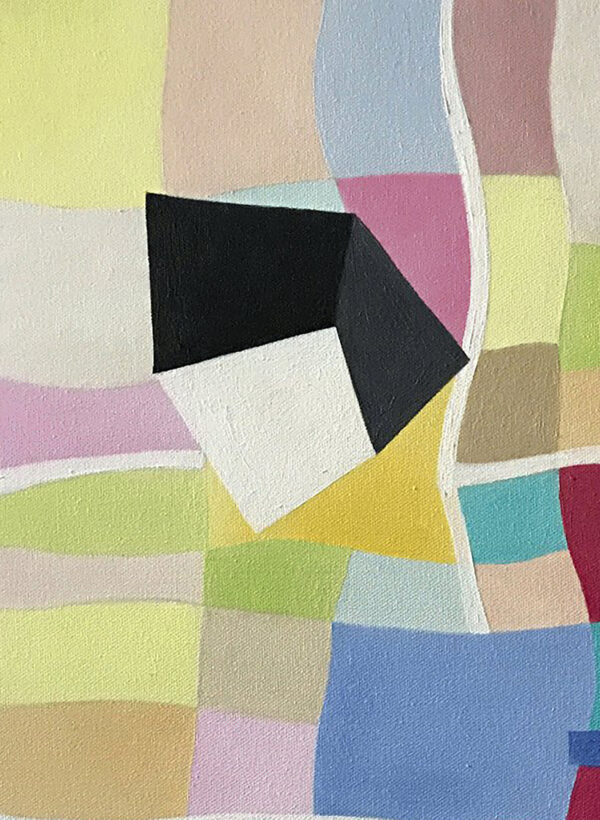 Upper-Left Geometric Cube Macro — "Weightlessness" Geometric Abstract Painting by Yelena Revis Detail of a black and white floating cube over pastel wavy grid squares in Weightlessness by Yelena Revis