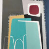 White Night abstract painting by Yelena Revis with turquoise and mint architectural forms, ochre accents, and red sun.