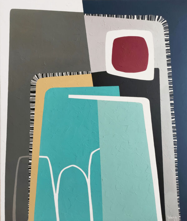 White Night abstract painting by Yelena Revis with turquoise and mint architectural forms, ochre accents, and red sun.