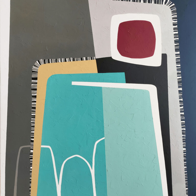 White Night — Abstract Painting by Yelena Revis White Night abstract painting by Yelena Revis with turquoise and mint architectural forms, ochre accents, and red sun.