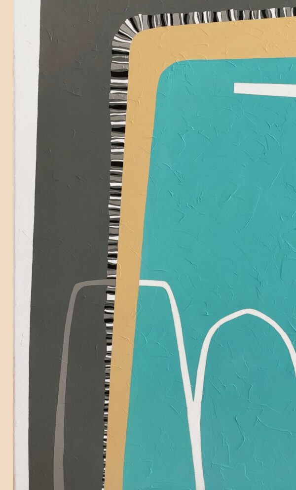 Detail of textured turquoise and mustard layers with white arches in White Night by Yelena Revis