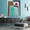 Abstract painting by Yelena Revis displayed in a modern living room, featuring turquoise, burgundy and geometric shapes.
