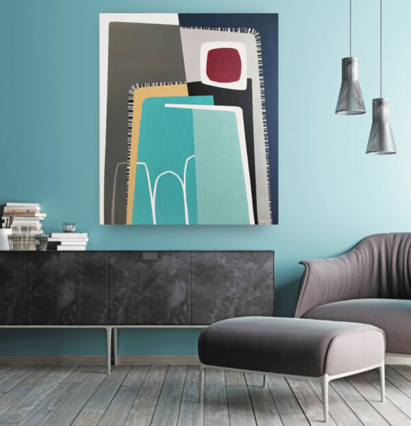Abstract painting by Yelena Revis displayed in a modern living room, featuring turquoise, burgundy and geometric shapes.