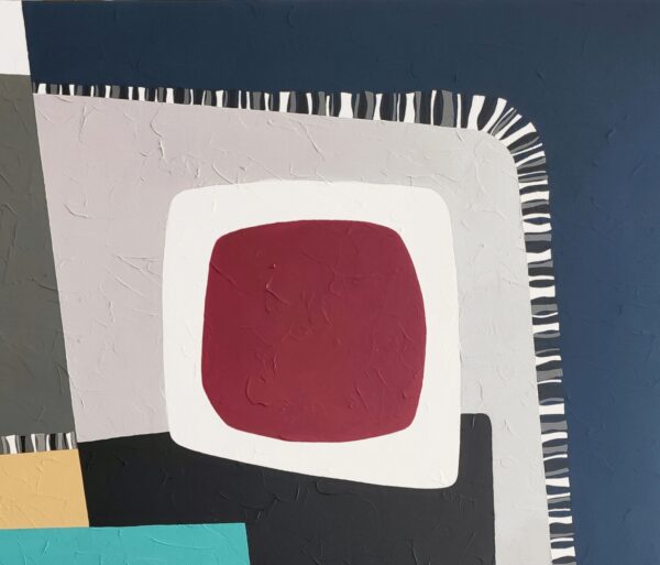 Detail of a maroon rounded square framed in white over textured grey in White Night by Yelena Revis