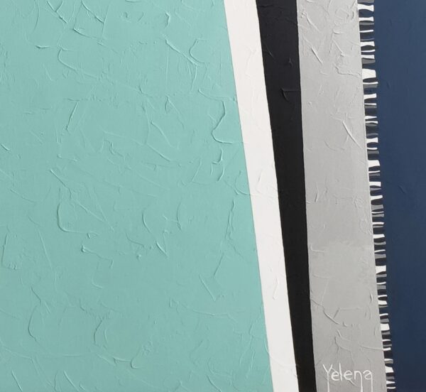 Yelena Revis signature in the bottom right of White Night, over turquoise and grey impasto