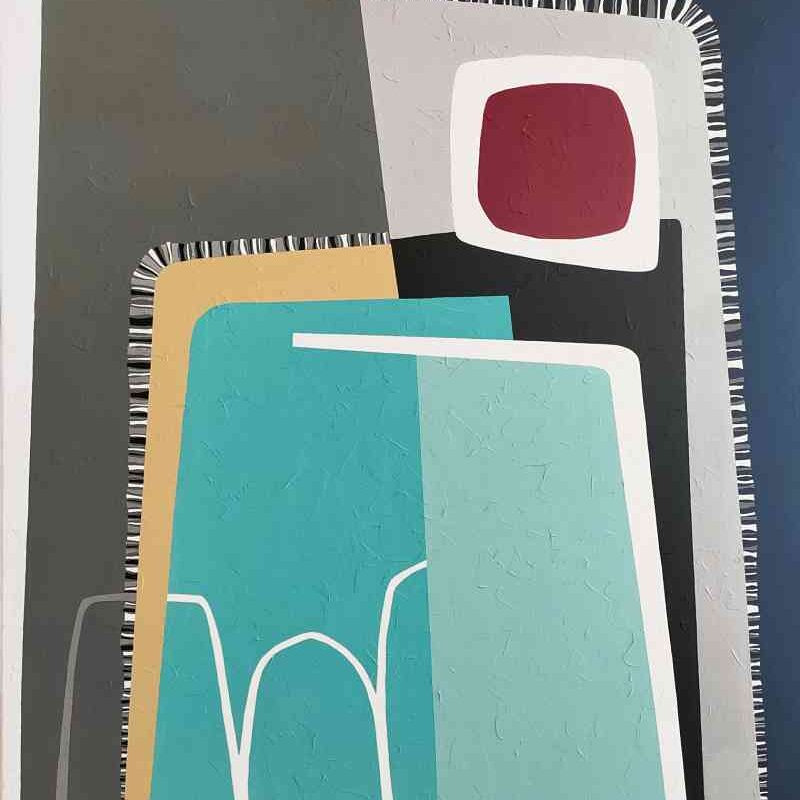 White Night — Original Architectural Abstract Painting by Yelena Revis White Night architectural abstract painting by Yelena Revis with turquoise, grey and mustard shapes and a burgundy square