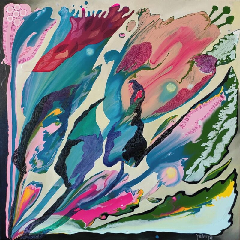 Wind Flow original abstract painting by Yelena Revis featuring sweeping teal and pink botanical forms.